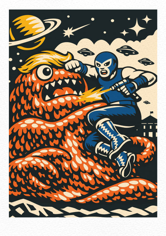 "Luchador Vs The Swamp Beast" (Untitled) Limited, Signed, Hand Embossed Fine Art Print