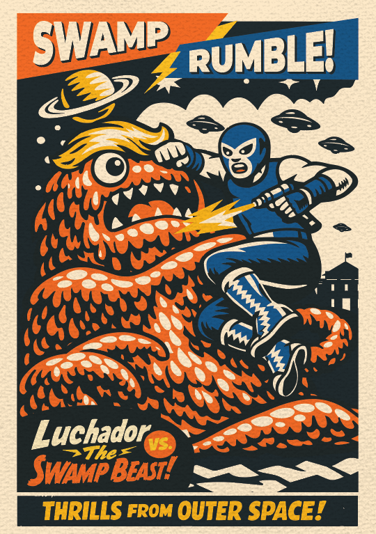 "Luchador Vs The Swamp Beast" (Titled) Limited, Signed, Hand Embossed Fine Art Print