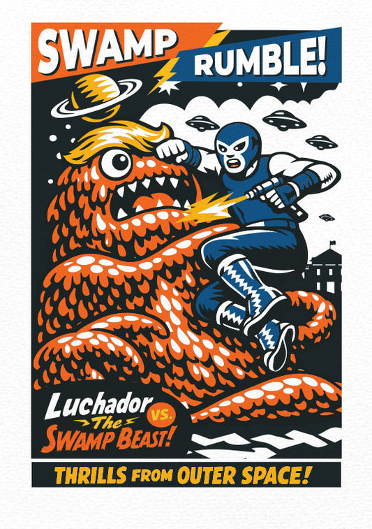 "Luchador Vs The Swamp Beast" (Titled) Limited, Signed, Hand Embossed Fine Art Print